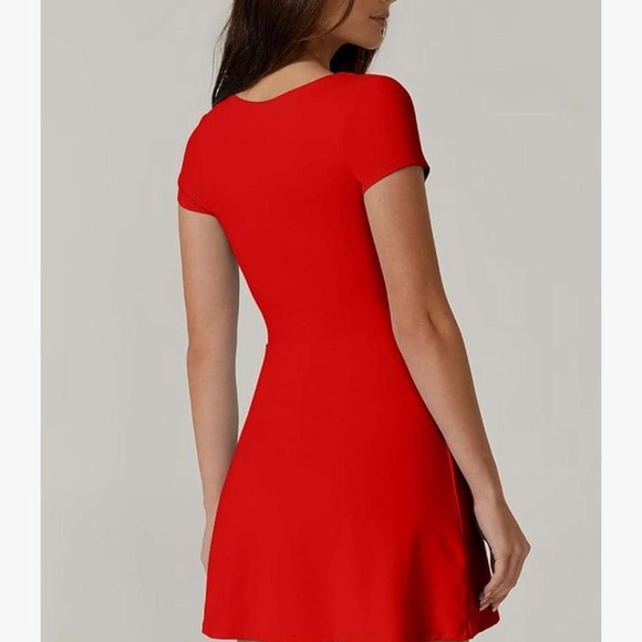 Qinsen Small Square Neck Angled Sleeve Athletic Dress Built in Shorts/Pocket Red - Picture 2 of 7